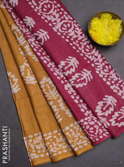 Batik cotton saree sandal and magenta pink with batik butta prints and batik printed border