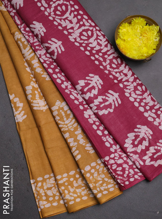 Batik cotton saree sandal and magenta pink with batik butta prints and batik printed border
