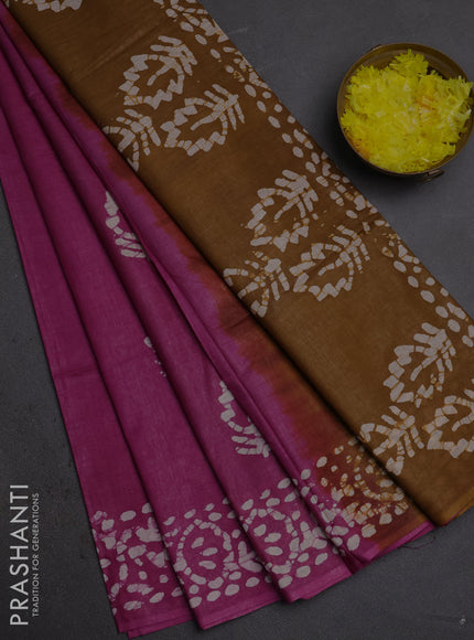 Batik cotton saree magenta pink and dark mustard with batik butta prints and batik printed border