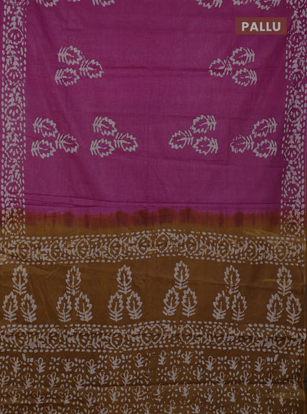 Batik cotton saree magenta pink and dark mustard with batik butta prints and batik printed border