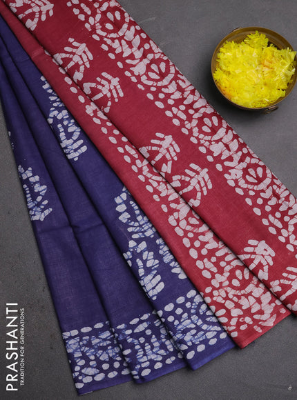 Batik cotton saree navy blue and maroon with batik butta prints and batik printed border