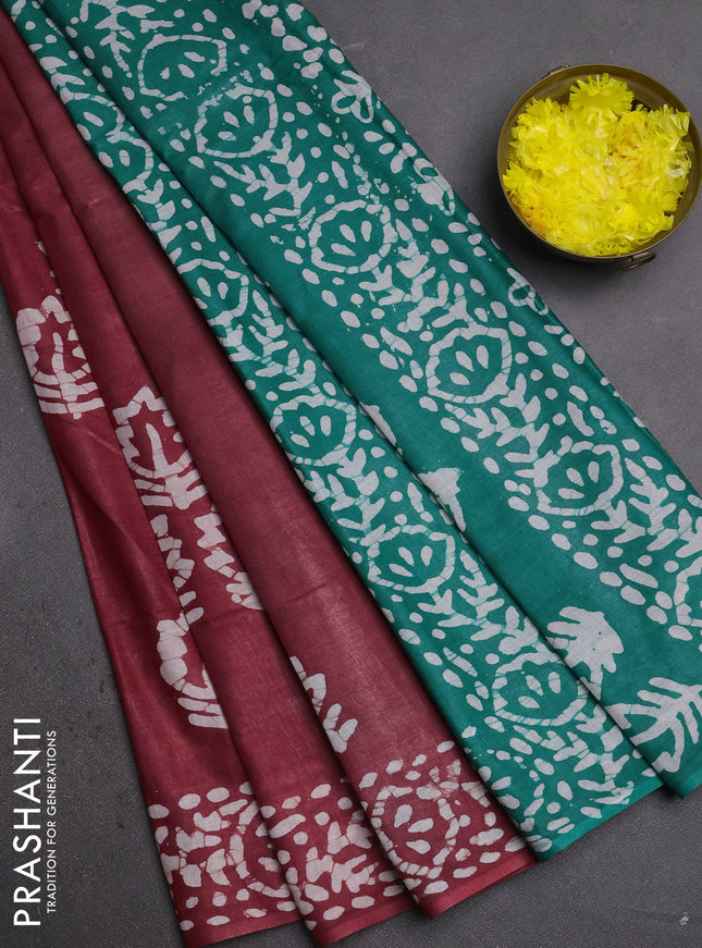 Batik cotton saree maroon and teal green with batik butta prints and batik printed border