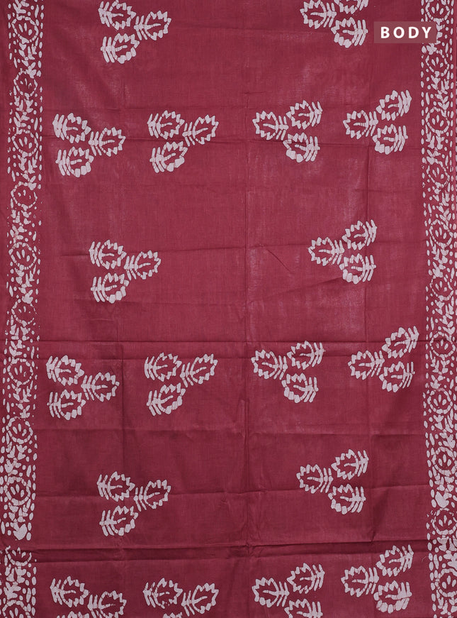 Batik cotton saree maroon and teal green with batik butta prints and batik printed border