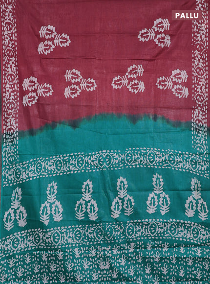Batik cotton saree maroon and teal green with batik butta prints and batik printed border