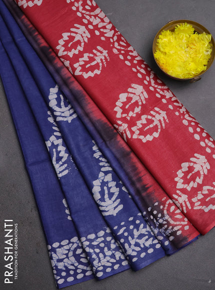 Batik cotton saree blue and maroon with batik butta prints and batik printed border
