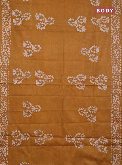 Batik cotton saree mustard yellow and wine shade with batik butta prints and batik printed border