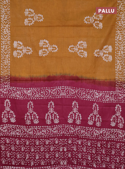 Batik cotton saree mustard yellow and wine shade with batik butta prints and batik printed border