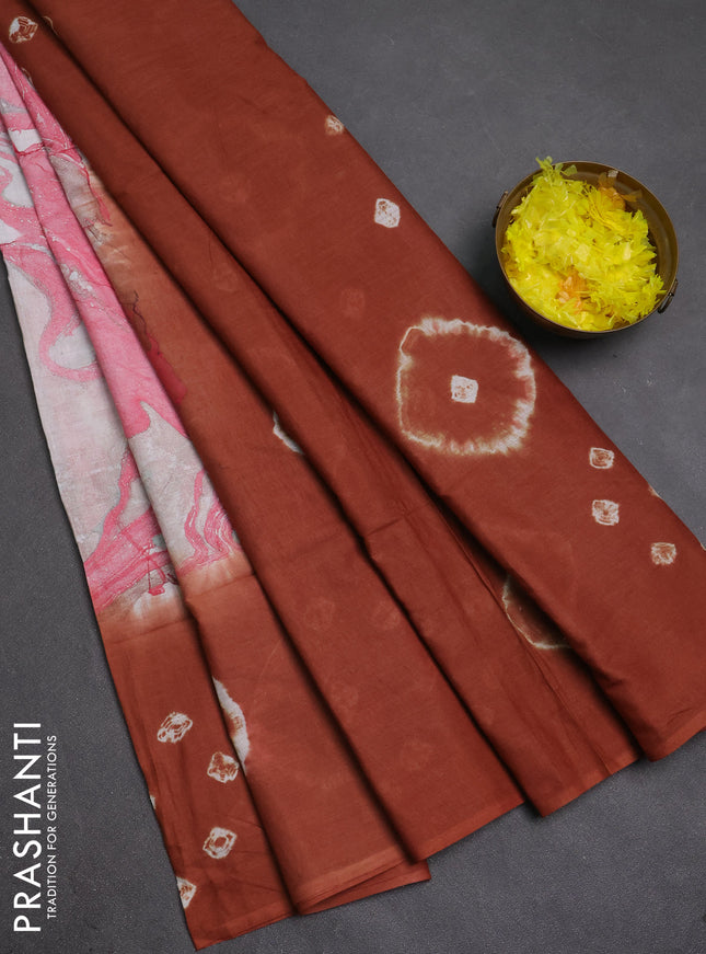 Batik cotton saree multi colour and rust shade with allover prints and batik printed border