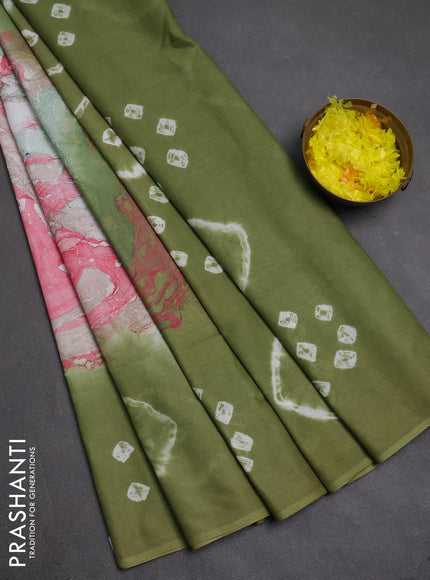 Batik cotton saree multi colour and mehendi green with allover prints and batik printed border