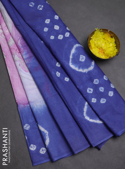 Batik cotton saree multi colour and blue with allover prints and batik printed border