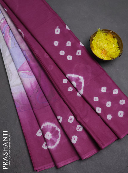 Batik cotton saree multi colour and purple with allover prints and batik printed border