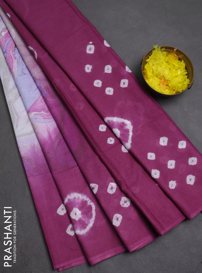 Batik cotton saree multi colour and purple with allover prints and batik printed border