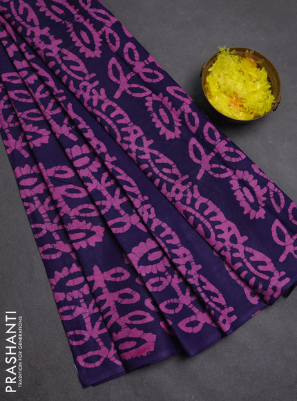 Batik cotton saree navy blue and pink with allover batik prints in borderless style