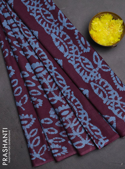 Batik cotton saree wine shade and blue with allover batik prints in borderless style