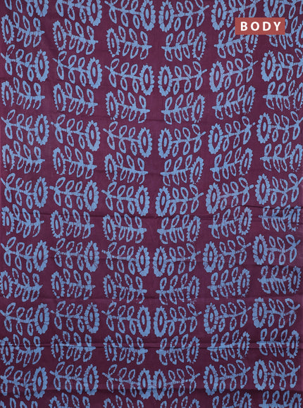 Batik cotton saree wine shade and blue with allover batik prints in borderless style