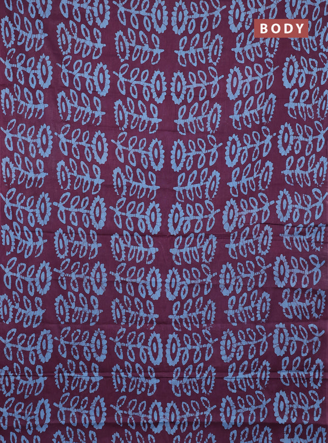 Batik cotton saree wine shade and blue with allover batik prints in borderless style