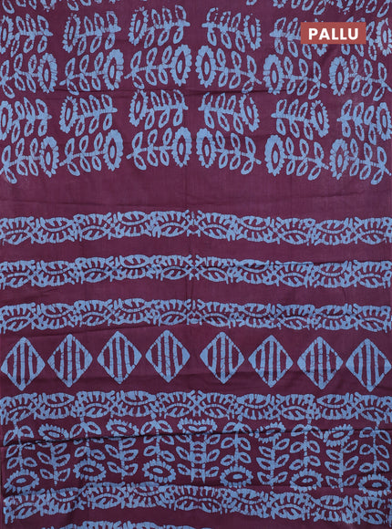 Batik cotton saree wine shade and blue with allover batik prints in borderless style