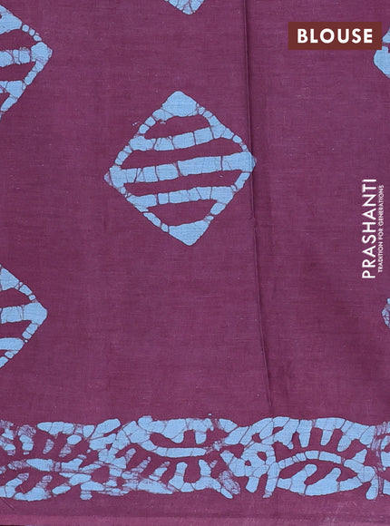 Batik cotton saree wine shade and blue with allover batik prints in borderless style