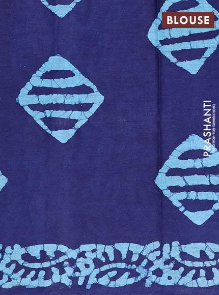 Batik cotton saree navy blue and teal blue with allover batik prints in borderless style