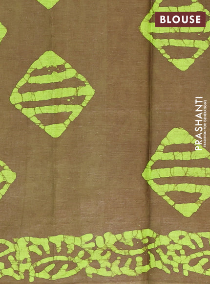 Batik cotton saree mehendi green and fluorescent green with allover batik prints in borderless style