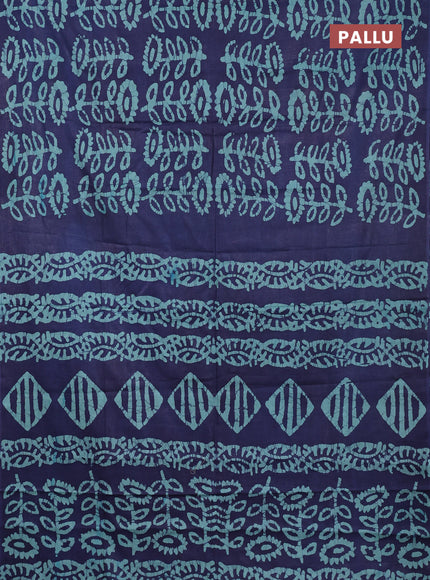 Batik cotton saree navy blue and teal green with allover batik prints in borderless style