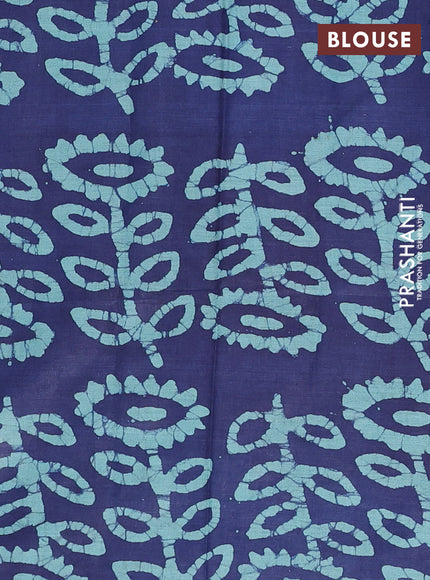 Batik cotton saree navy blue and teal green with allover batik prints in borderless style