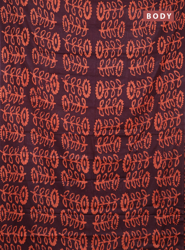 Batik cotton saree deep maroon and rust shade with allover batik prints in borderless style