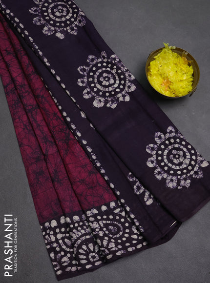 Batik cotton saree wine shade and deep purple with allover prints and batik printed border