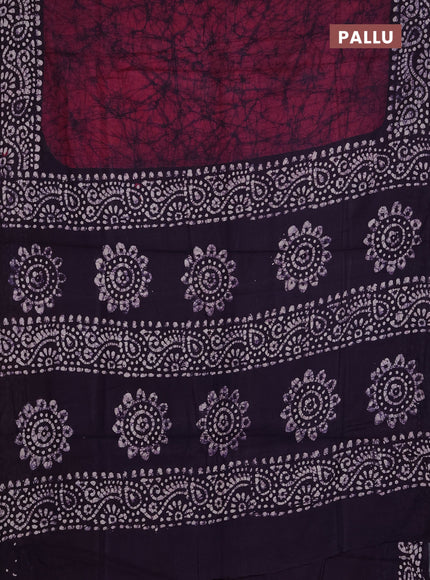 Batik cotton saree wine shade and deep purple with allover prints and batik printed border