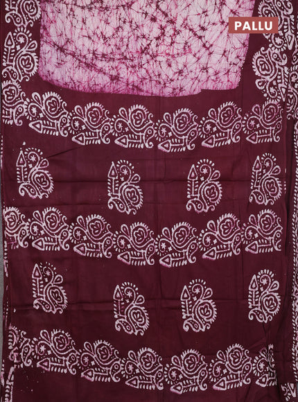 Batik cotton saree wine shade with allover prints and batik printed border