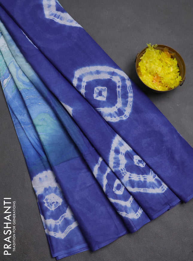Batik cotton saree multi colour and blue with allover prints and batik printed border