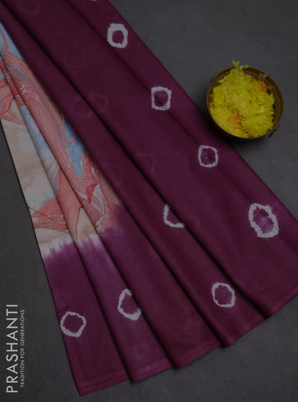 Batik cotton saree multi colour and purple with allover prints and batik printed border