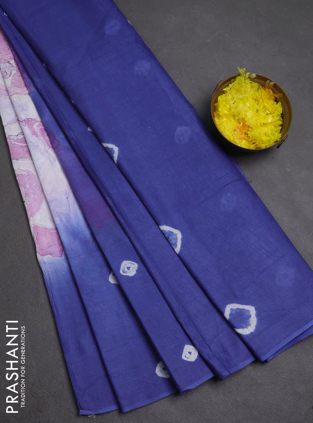Batik cotton saree multi colour and blue with allover prints and batik printed border