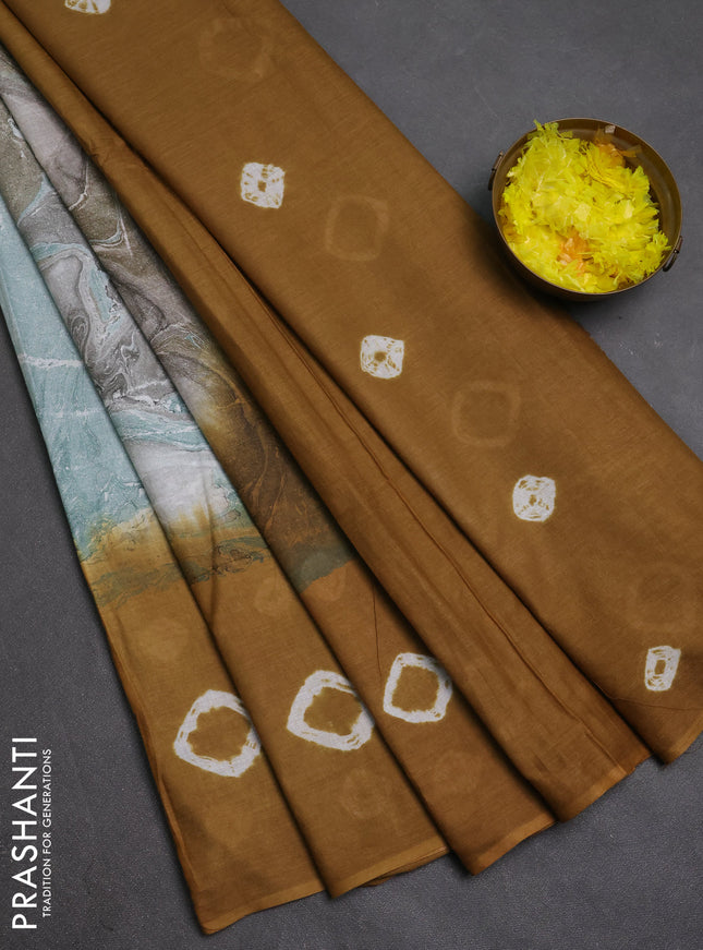 Batik cotton saree multi colour and dark mustard with allover prints and batik printed border