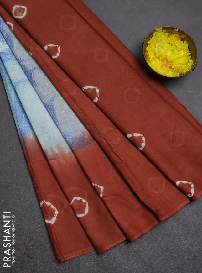 Batik cotton saree multi colour and brown with allover prints and batik printed border