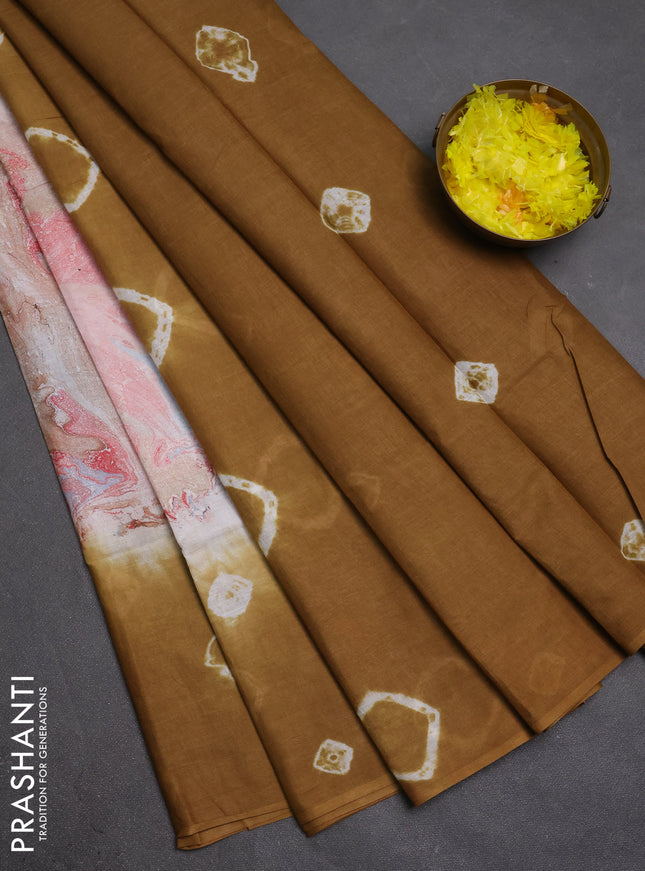 Batik cotton saree multi colour and dark mustard with allover prints and batik printed border