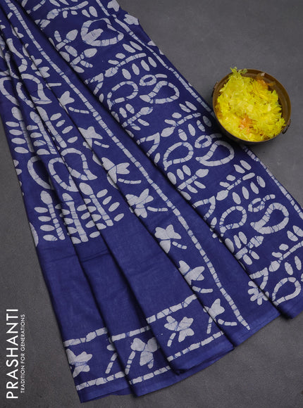 Batik cotton saree blue with allover prints and batik printed border