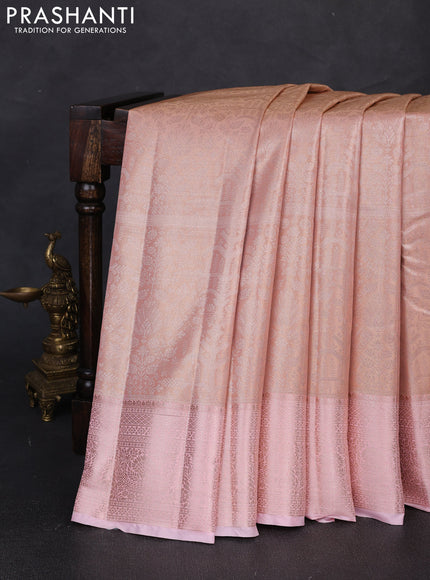Bangalori tissue silk saree peach and mild pink with allover zari woven brocade weaves and long zari woven border