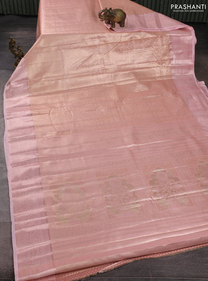 Bangalori tissue silk saree peach and mild pink with allover zari woven brocade weaves and long zari woven border