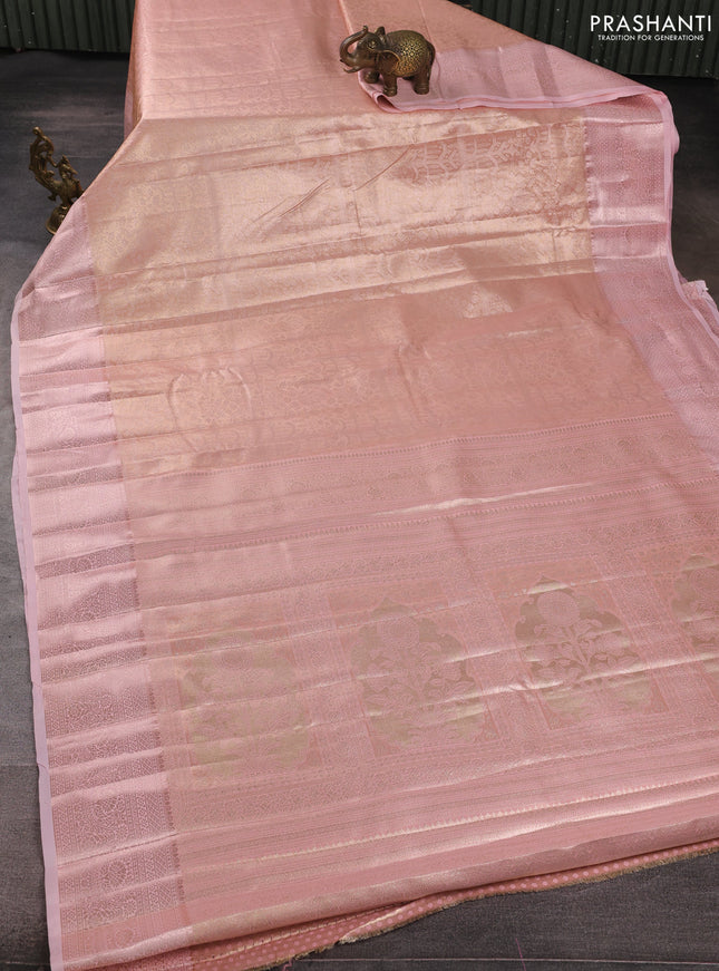 Bangalori tissue silk saree peach and mild pink with allover zari woven brocade weaves and long zari woven border