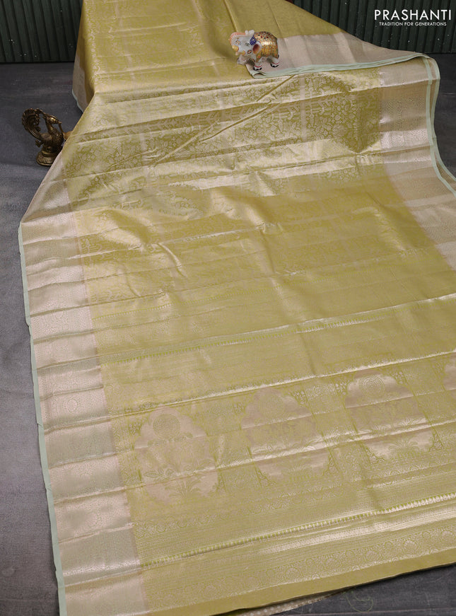Bangalori tissue silk saree pista green with allover zari woven brocade weaves and zari woven border