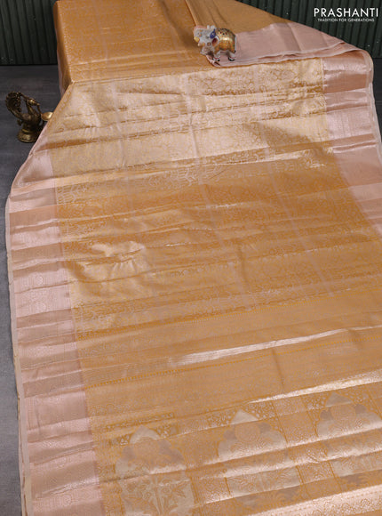 Bangalori tissue silk saree mustard yellow and peach with allover zari woven brocade weaves and long zari woven border