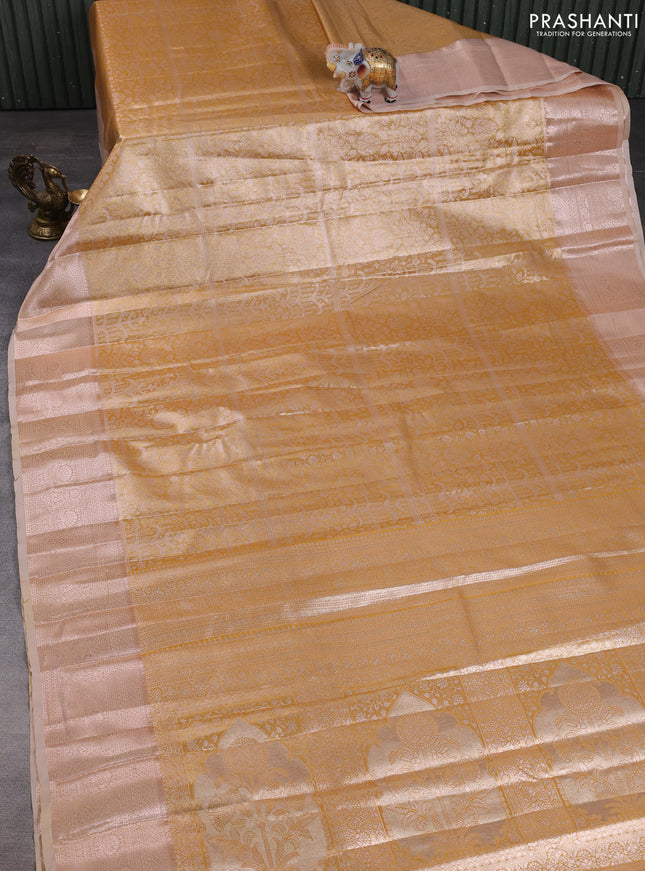 Bangalori tissue silk saree mustard yellow and peach with allover zari woven brocade weaves and long zari woven border
