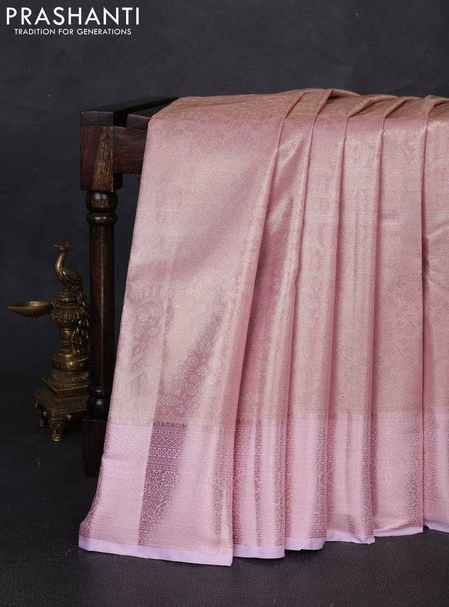 Bangalori tissue silk saree lotus pink with allover zari woven brocade weaves and long zari woven border