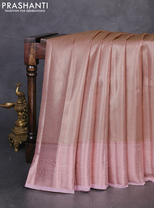 Bangalori tissue silk saree peach and light pink with allover zari woven brocade weaves and long zari woven border
