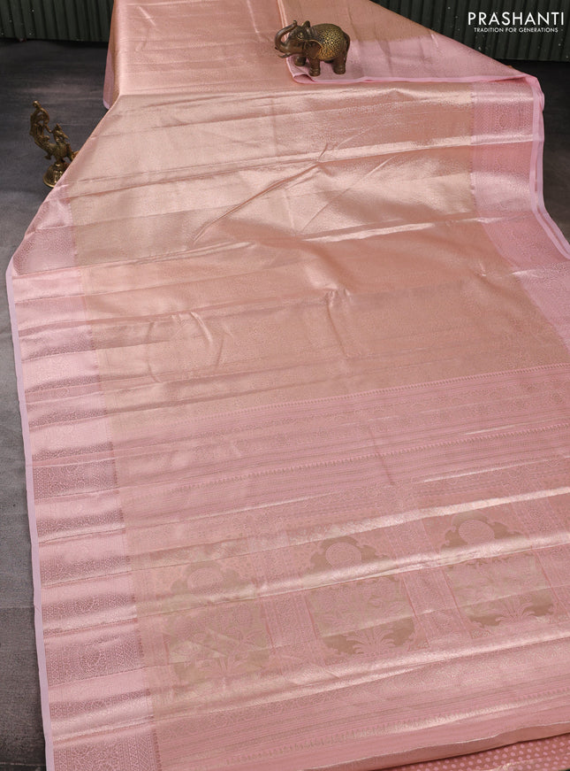 Bangalori tissue silk saree peach and light pink with allover zari woven brocade weaves and long zari woven border