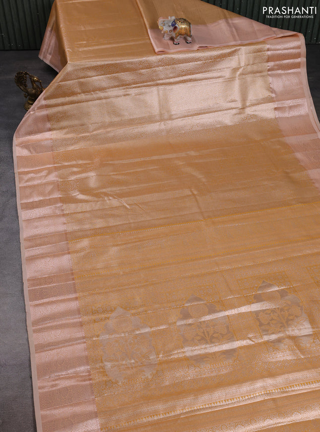 Bangalori tissue silk saree mustard and peach with allover zari woven brocade weaves and long zari woven border