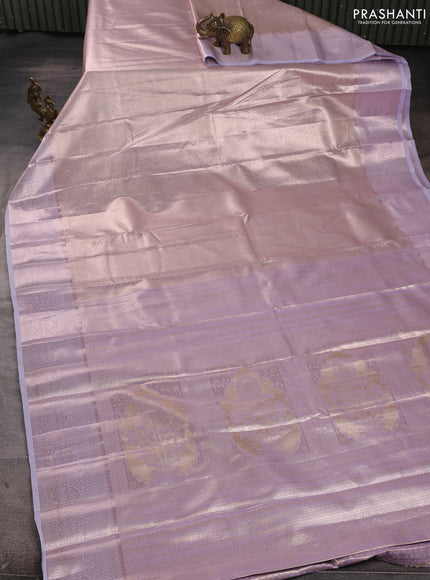 Bangalori tissue silk saree pastel lavender with allover zari woven brocade weaves and long zari woven border