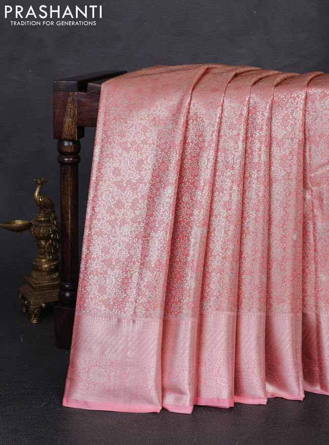 Bangalori tissue silk saree peach pink with allover zari woven brocade weaves and long zari woven border