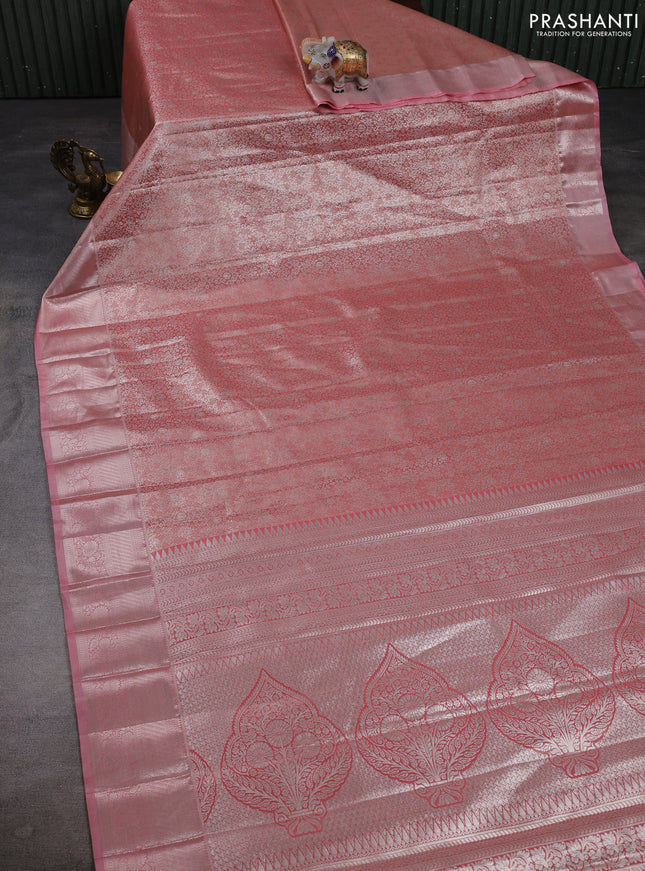 Bangalori tissue silk saree peach pink with allover zari woven brocade weaves and long zari woven border